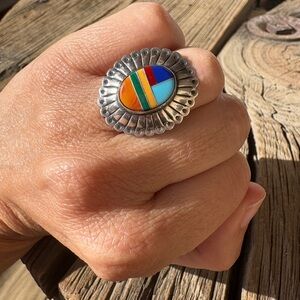 Zuni Native American Sterling Silver Concho Inlay Ring 925